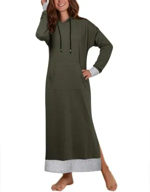 Jacansi Women's Long Sleeve Solid Loose Hooded Sweatshirt Maxi Dress with Pocket