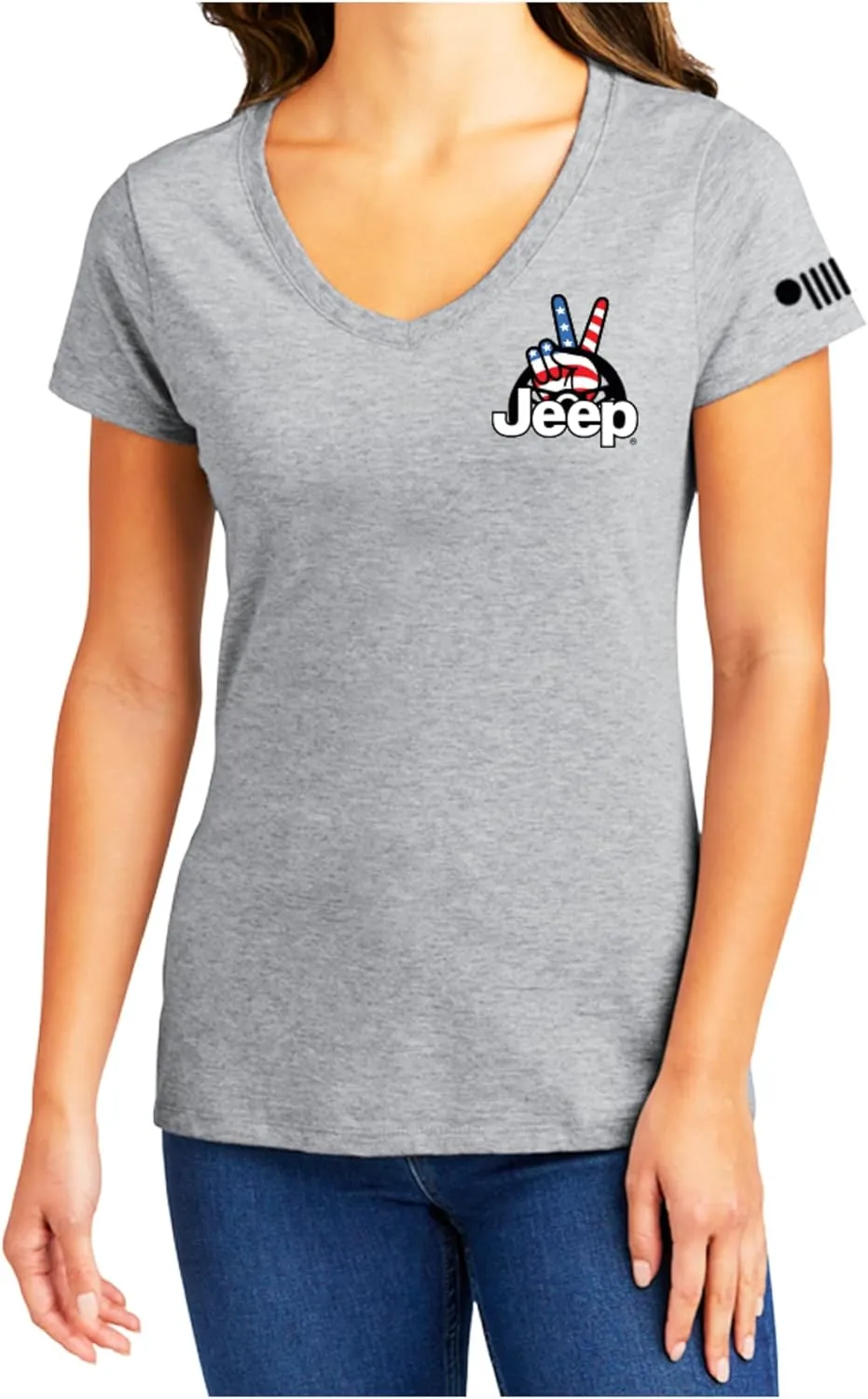 Jeep Ladies Wave USA Logo V-Neck T-Shirt - Light Grey, Soft Cotton Blend, Patriotic Wave Design, Iconic Grille Sleeve Logo