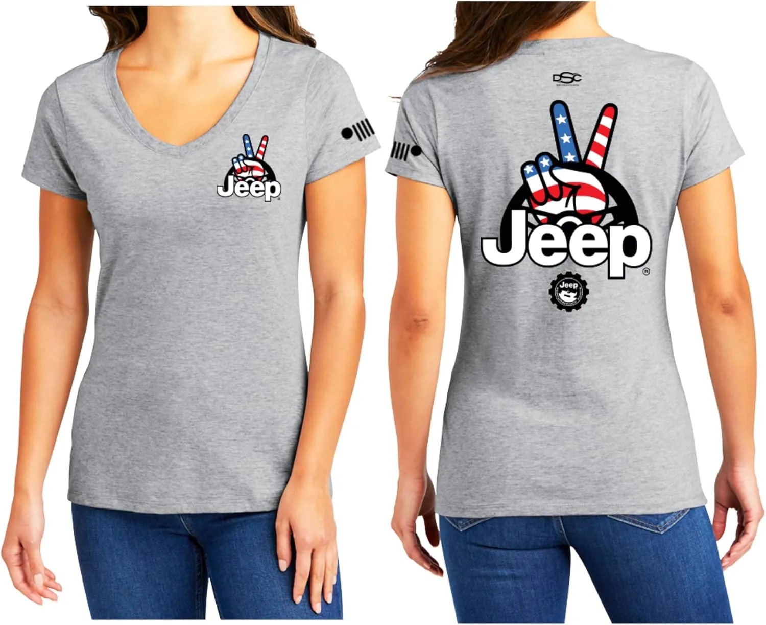 Jeep Ladies Wave USA Logo V-Neck T-Shirt - Light Grey, Soft Cotton Blend, Patriotic Wave Design, Iconic Grille Sleeve Logo
