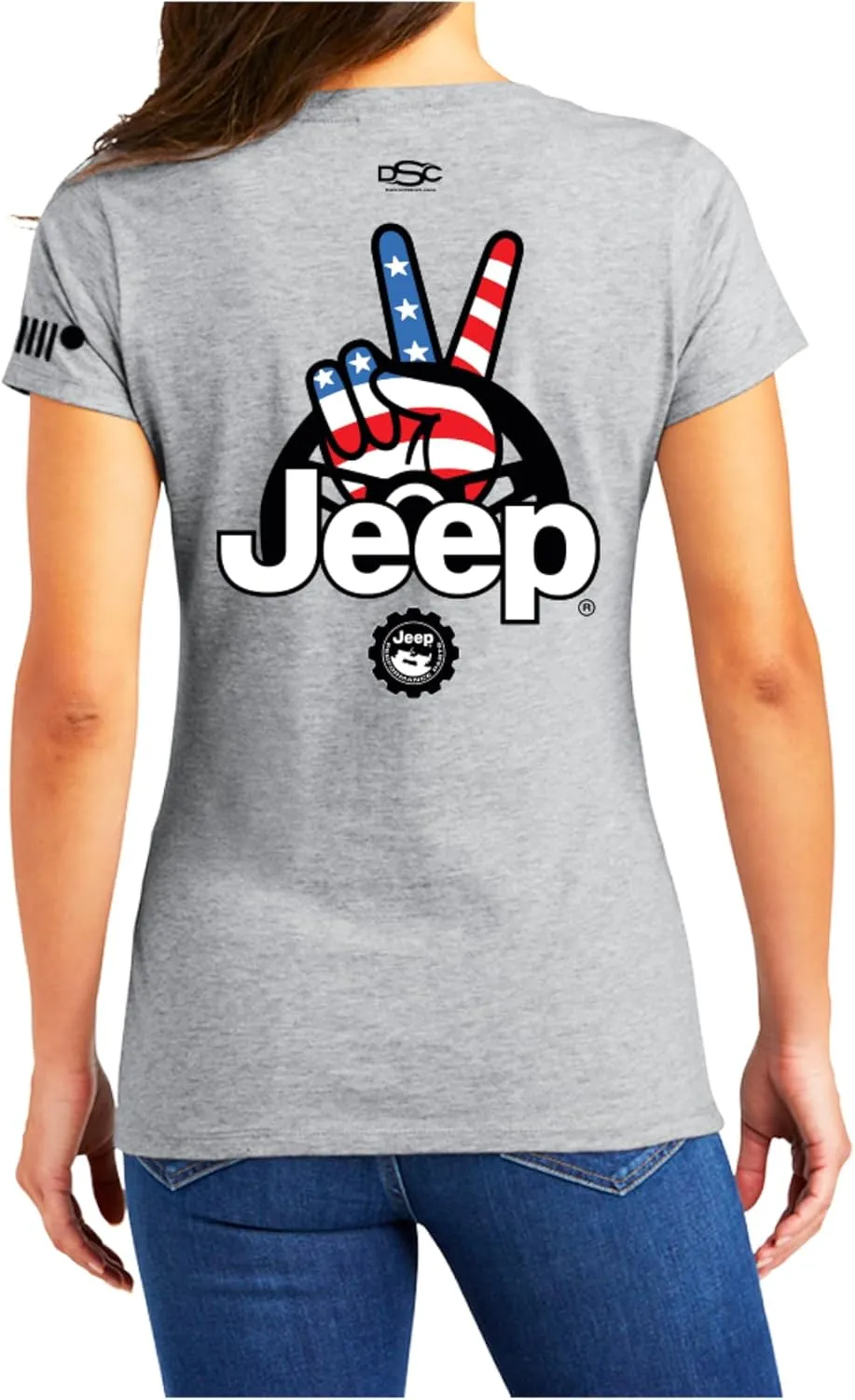 Jeep Ladies Wave USA Logo V-Neck T-Shirt - Light Grey, Soft Cotton Blend, Patriotic Wave Design, Iconic Grille Sleeve Logo