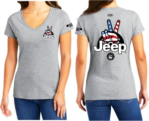 Jeep Ladies Wave USA Logo V-Neck T-Shirt - Light Grey, Soft Cotton Blend, Patriotic Wave Design, Iconic Grille Sleeve Logo