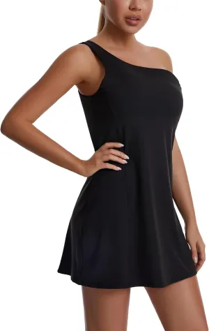 JEGGE Womens Tennis Dress, One Shoulder Workout Athletic Golf Dresses with Shorts & Bra Pockets Active Exercise Dress
