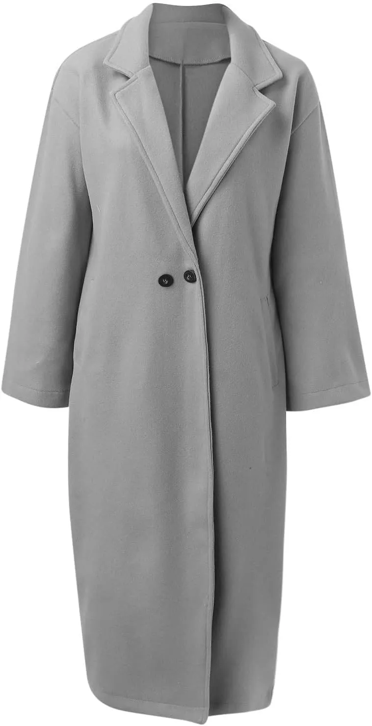JEGULV Women Elegant Long Trench Coats Lightweight Open Front Solid Color Outwear Jackets Notched Lapel Collar Wool Pea Coats