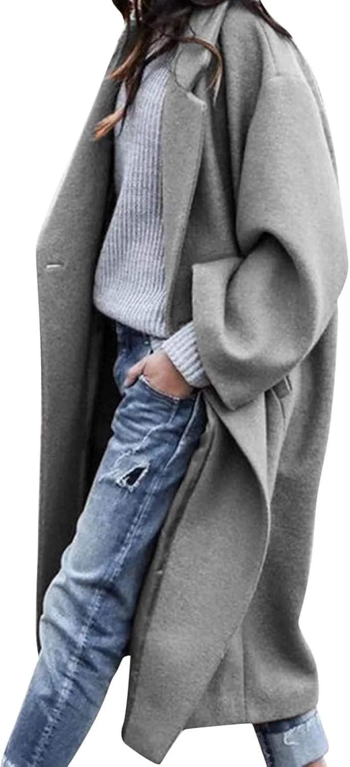 JEGULV Women Elegant Long Trench Coats Lightweight Open Front Solid Color Outwear Jackets Notched Lapel Collar Wool Pea Coats