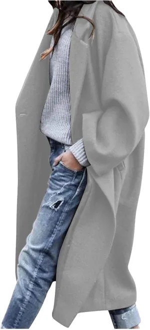 JEGULV Women Elegant Long Trench Coats Lightweight Open Front Solid Color Outwear Jackets Notched Lapel Collar Wool Pea Coats