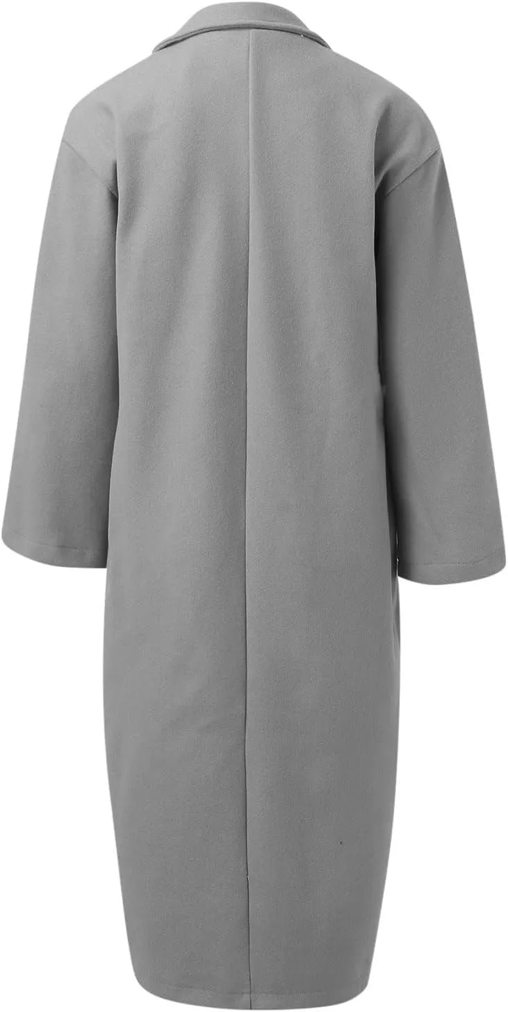 JEGULV Women Elegant Long Trench Coats Lightweight Open Front Solid Color Outwear Jackets Notched Lapel Collar Wool Pea Coats