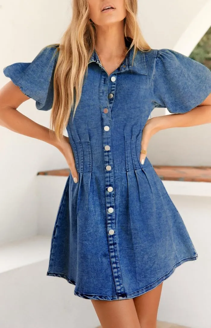 KDF Summer Denim Dress for Women Puff Sleeve Slim Fit Jean Dresses for Women 2025 Casual