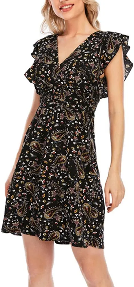 KEOMUD Women's Floral Print V Neck A-Line Summer Ruffle Sleeve Mini Dress Cute Short Dress