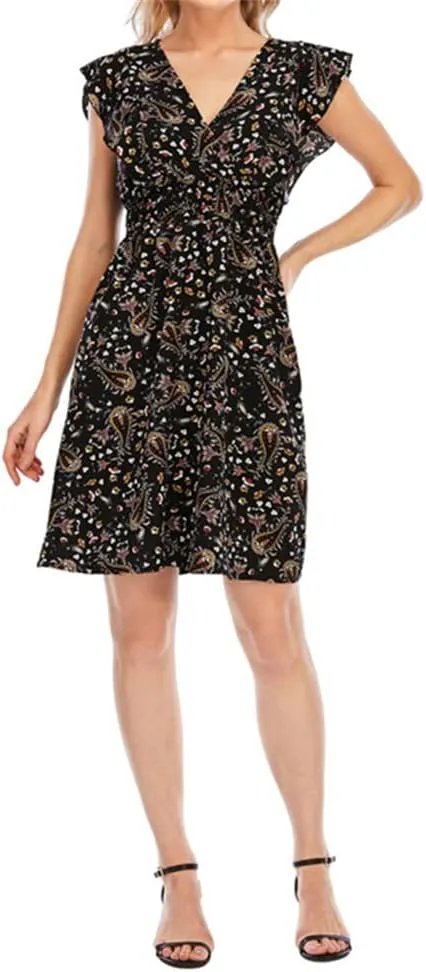 KEOMUD Women's Floral Print V Neck A-Line Summer Ruffle Sleeve Mini Dress Cute Short Dress