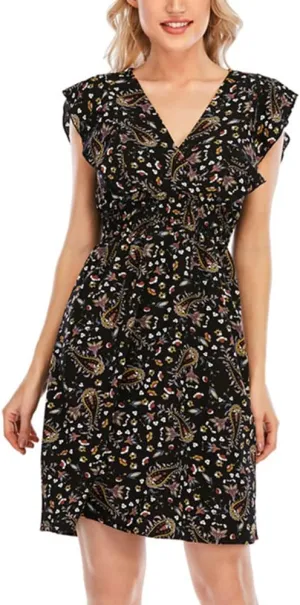 KEOMUD Women's Floral Print V Neck A-Line Summer Ruffle Sleeve Mini Dress Cute Short Dress