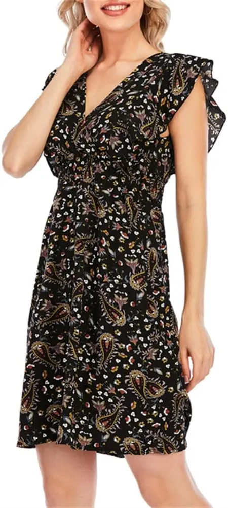 KEOMUD Women's Floral Print V Neck A-Line Summer Ruffle Sleeve Mini Dress Cute Short Dress