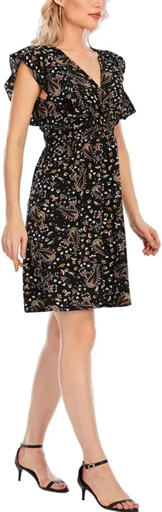 KEOMUD Women's Floral Print V Neck A-Line Summer Ruffle Sleeve Mini Dress Cute Short Dress
