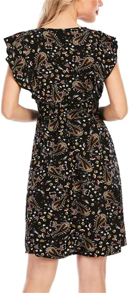 KEOMUD Women's Floral Print V Neck A-Line Summer Ruffle Sleeve Mini Dress Cute Short Dress