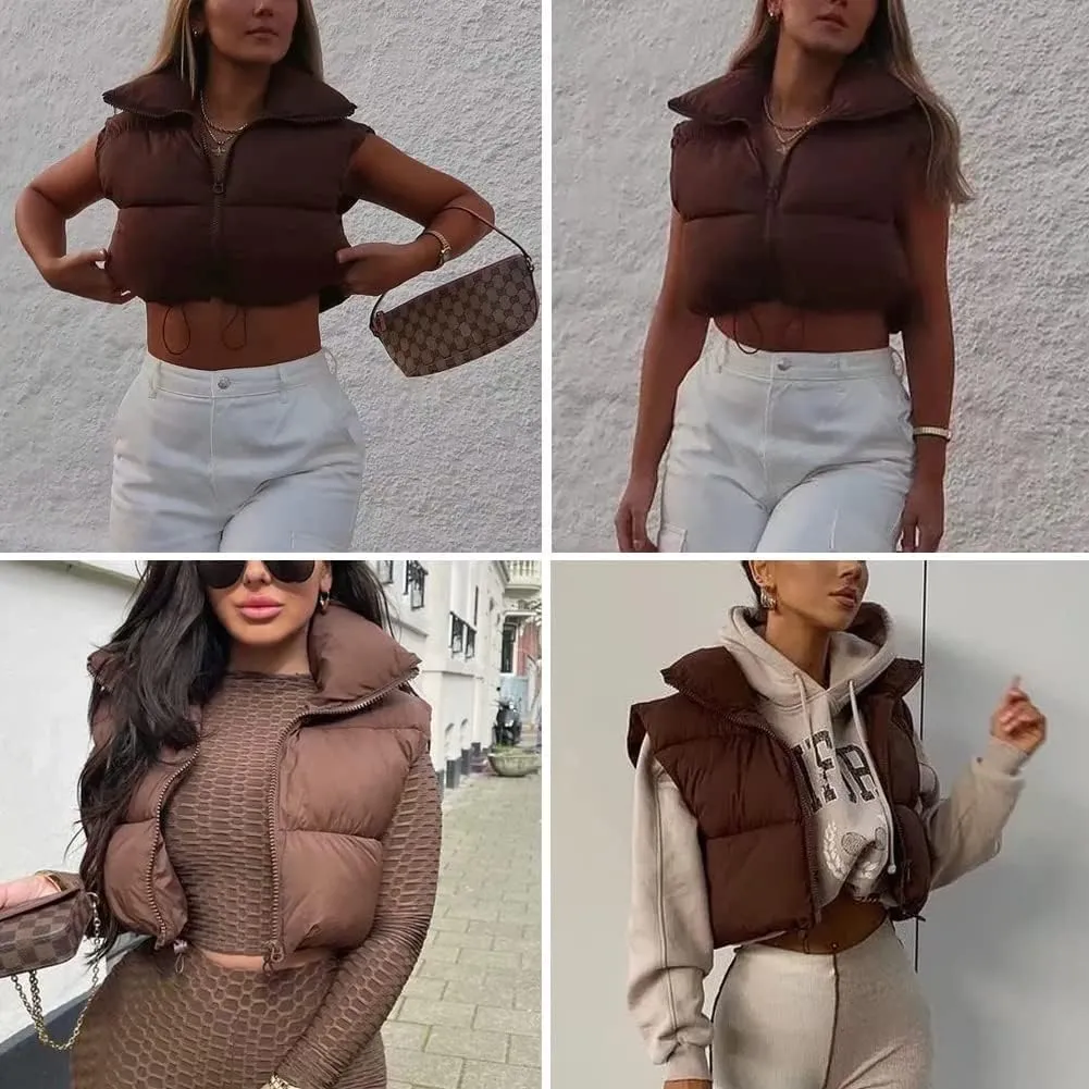 KEOMUD Women's Winter Crop Vest Lightweight Sleeveless Warm Outerwear Puffer Vest Padded Gilet