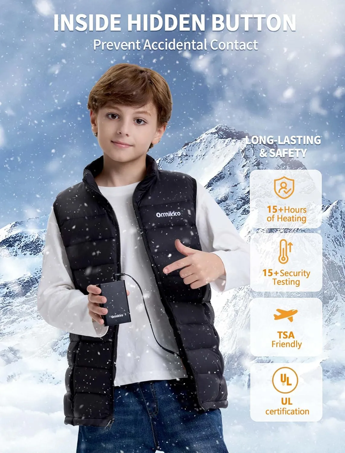 Kids Heated Vest with Battery Pack - 7.4V Rechargeable Lightweight Heated Vest, Boys Girls Electric Heated Coat