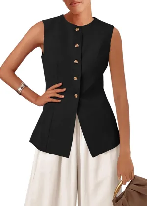 KIRUNDO Blazer Vest for Women Trendy 2025 Dressy Business Casual Summer Button Down Sleeveless Work Suit Waistcoat Tops