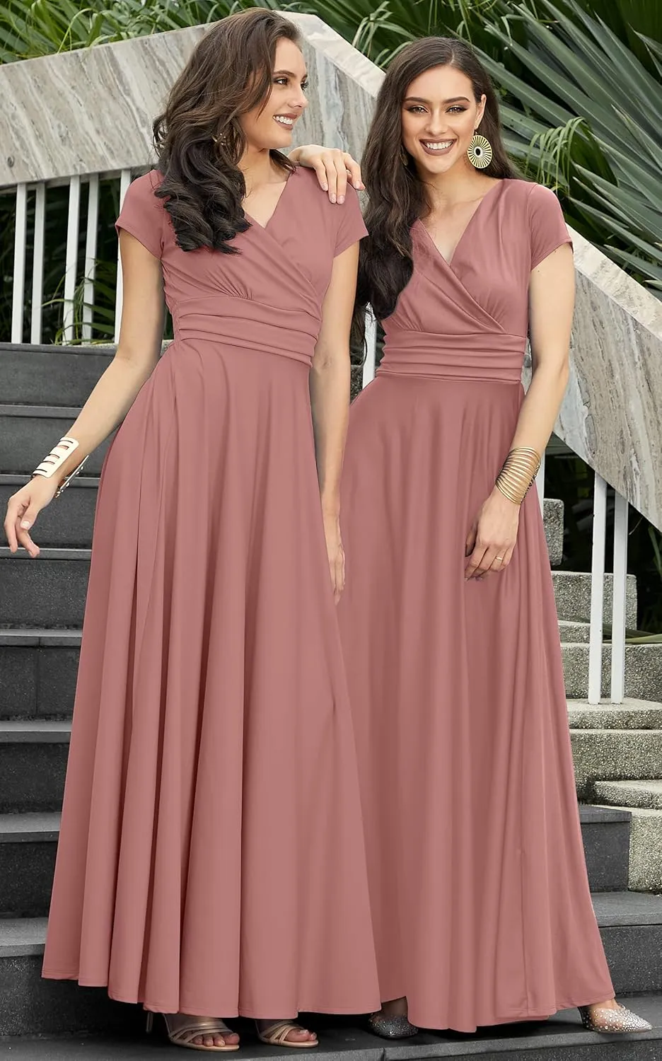 KOH KOH Womens Sexy Cap Short Sleeve V-Neck Flowy Cocktail Gown