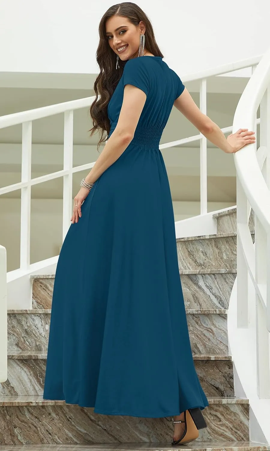 KOH KOH Womens Sexy Cap Short Sleeve V-Neck Flowy Cocktail Gown