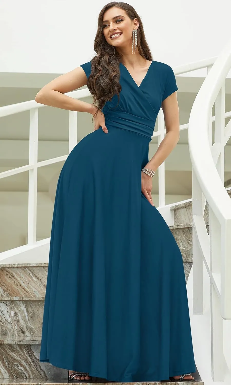 KOH KOH Womens Sexy Cap Short Sleeve V-Neck Flowy Cocktail Gown