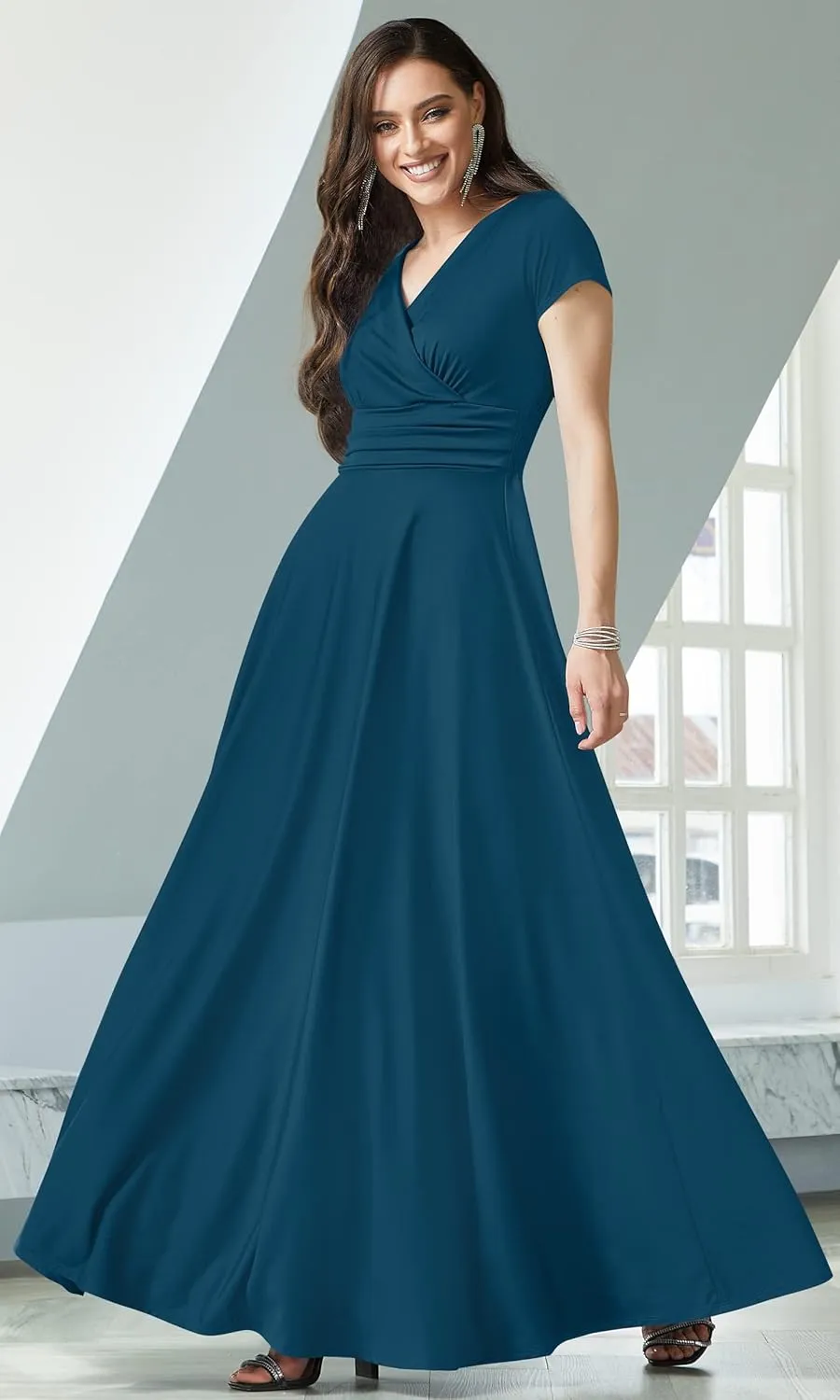 KOH KOH Womens Sexy Cap Short Sleeve V-Neck Flowy Cocktail Gown