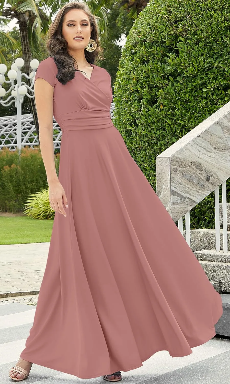 KOH KOH Womens Sexy Cap Short Sleeve V-Neck Flowy Cocktail Gown