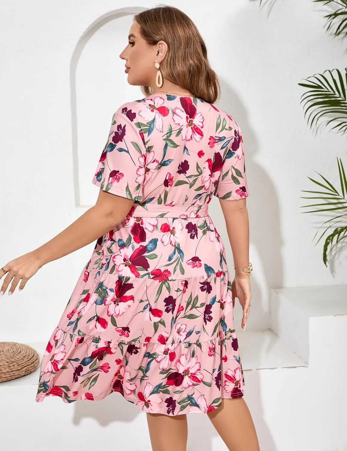 KOJOOIN Women Plus Size V Neck Wrap Dress High Waisted Short Sleeves Summer Casual Midi Dress with Belt