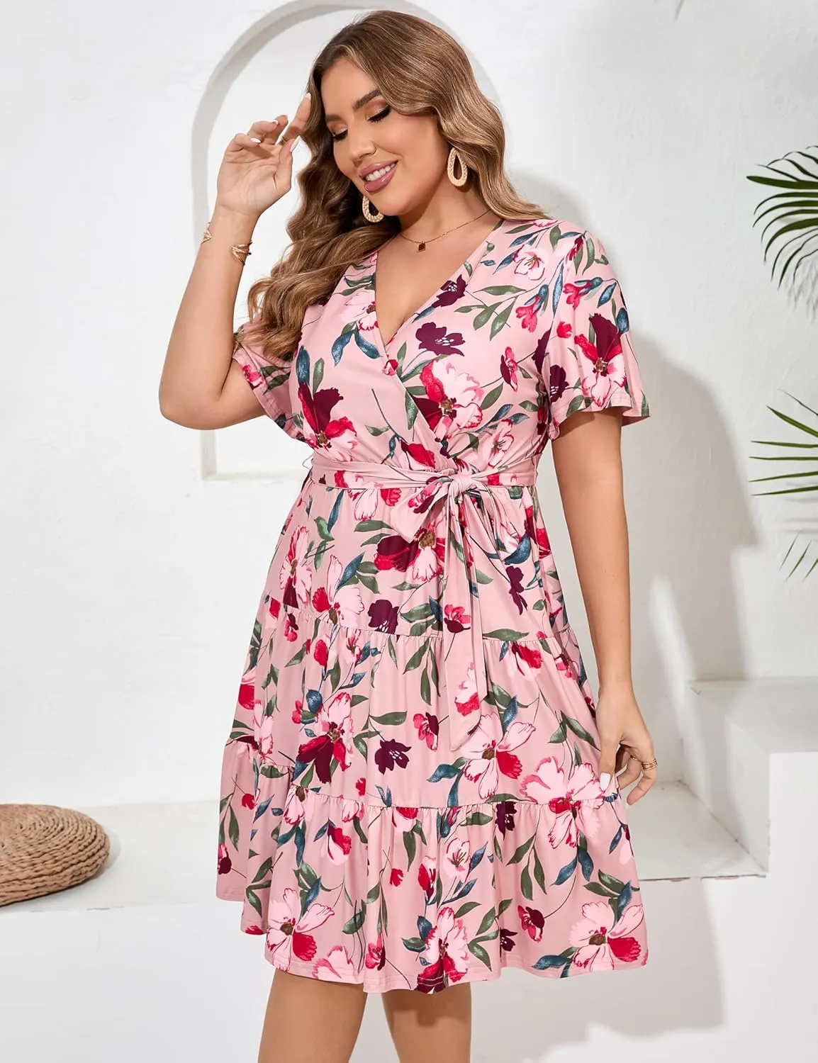 KOJOOIN Women Plus Size V Neck Wrap Dress High Waisted Short Sleeves Summer Casual Midi Dress with Belt