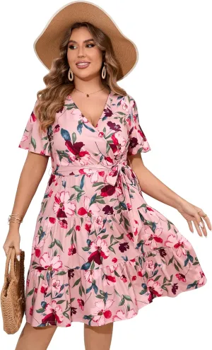 KOJOOIN Women Plus Size V Neck Wrap Dress High Waisted Short Sleeves Summer Casual Midi Dress with Belt