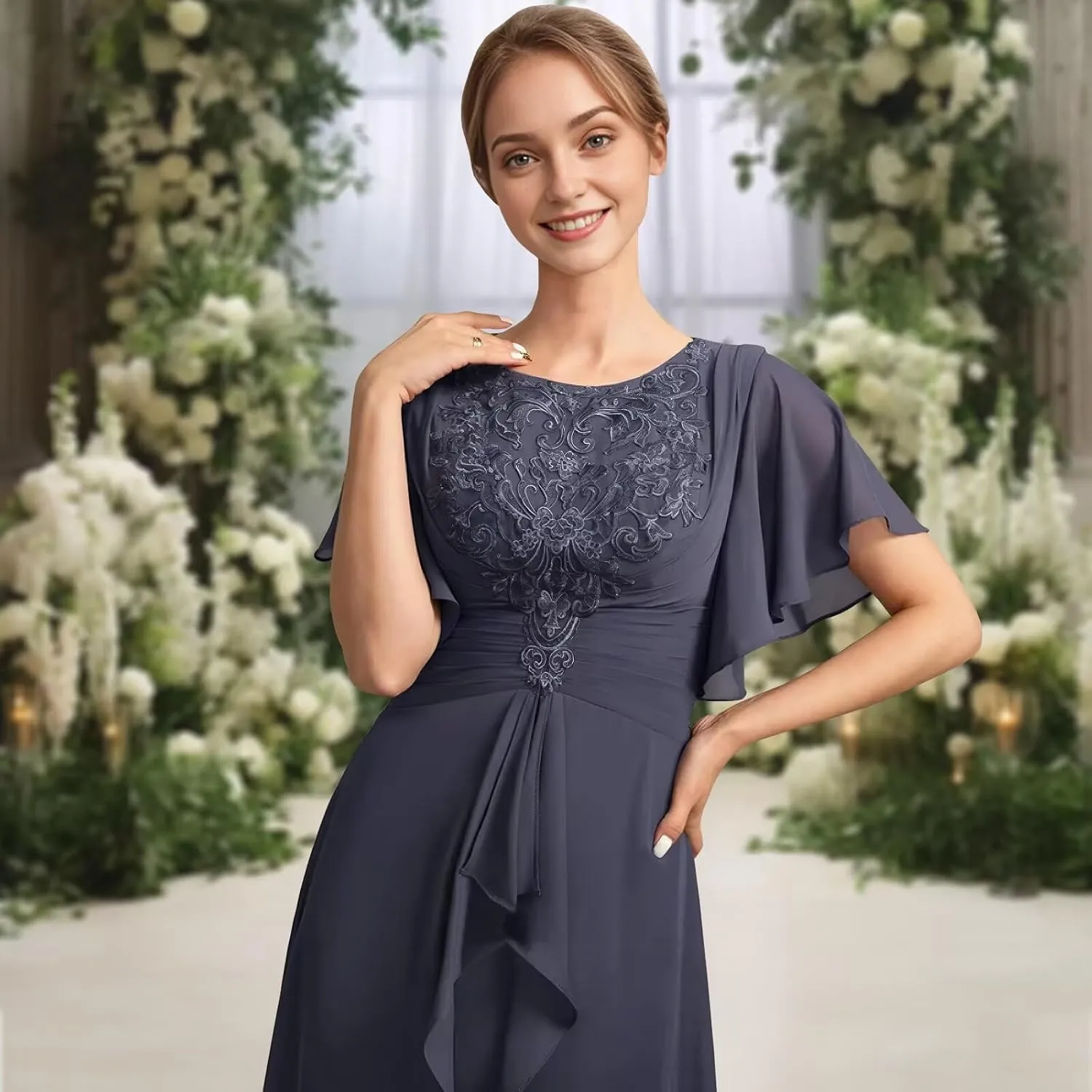 Lace Chiffon Mother of The Bride Dress with Pleated Short Sleeve Formal Wedding Guest Dresses A Line
