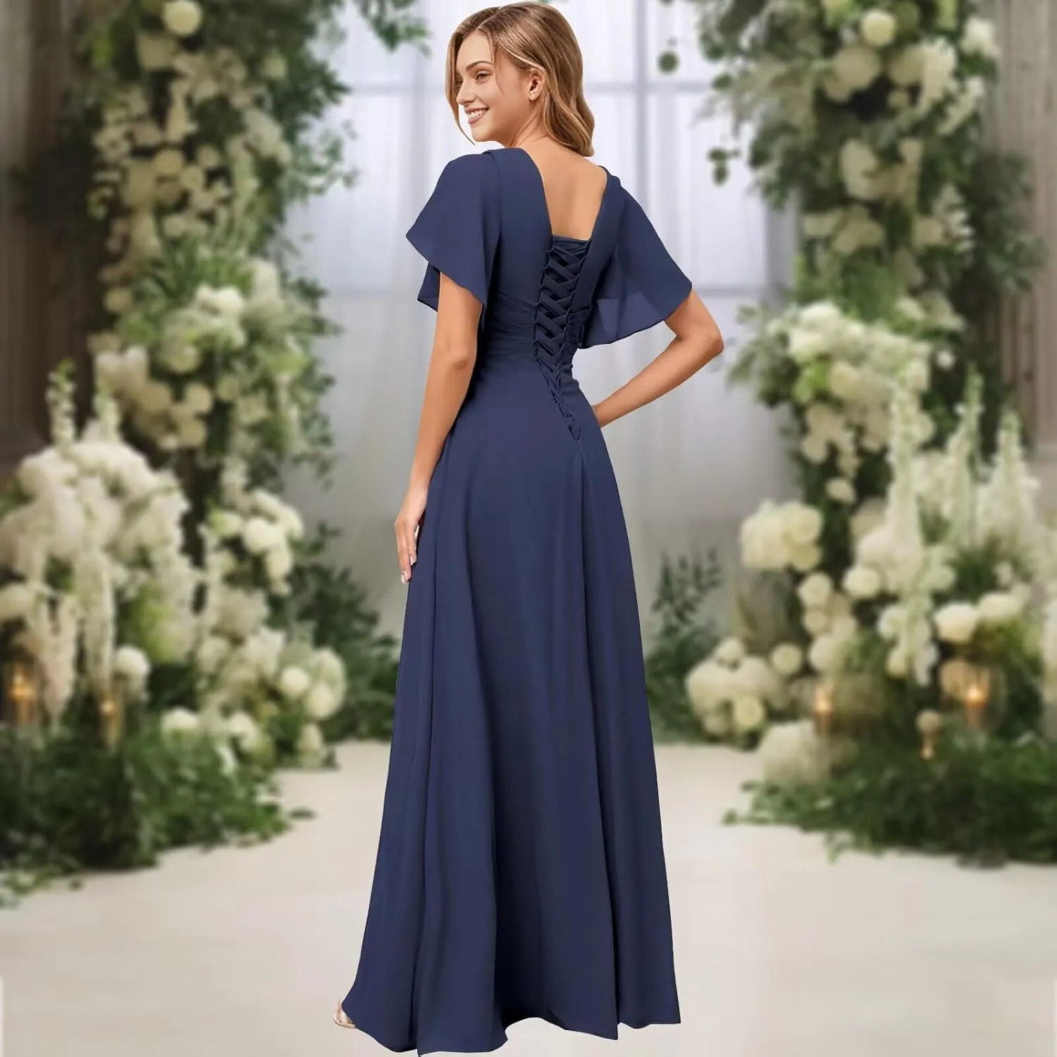 Lace Chiffon Mother of The Bride Dress with Pleated Short Sleeve Formal Wedding Guest Dresses A Line