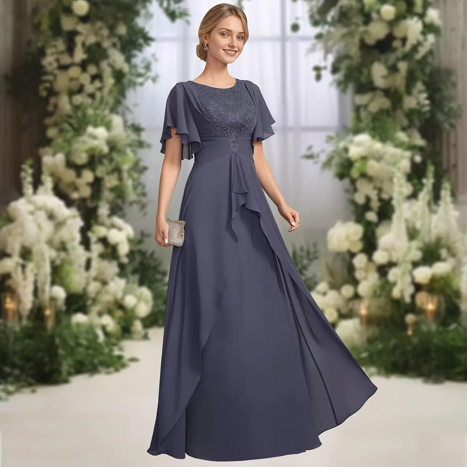 Lace Chiffon Mother of The Bride Dress with Pleated Short Sleeve Formal Wedding Guest Dresses A Line