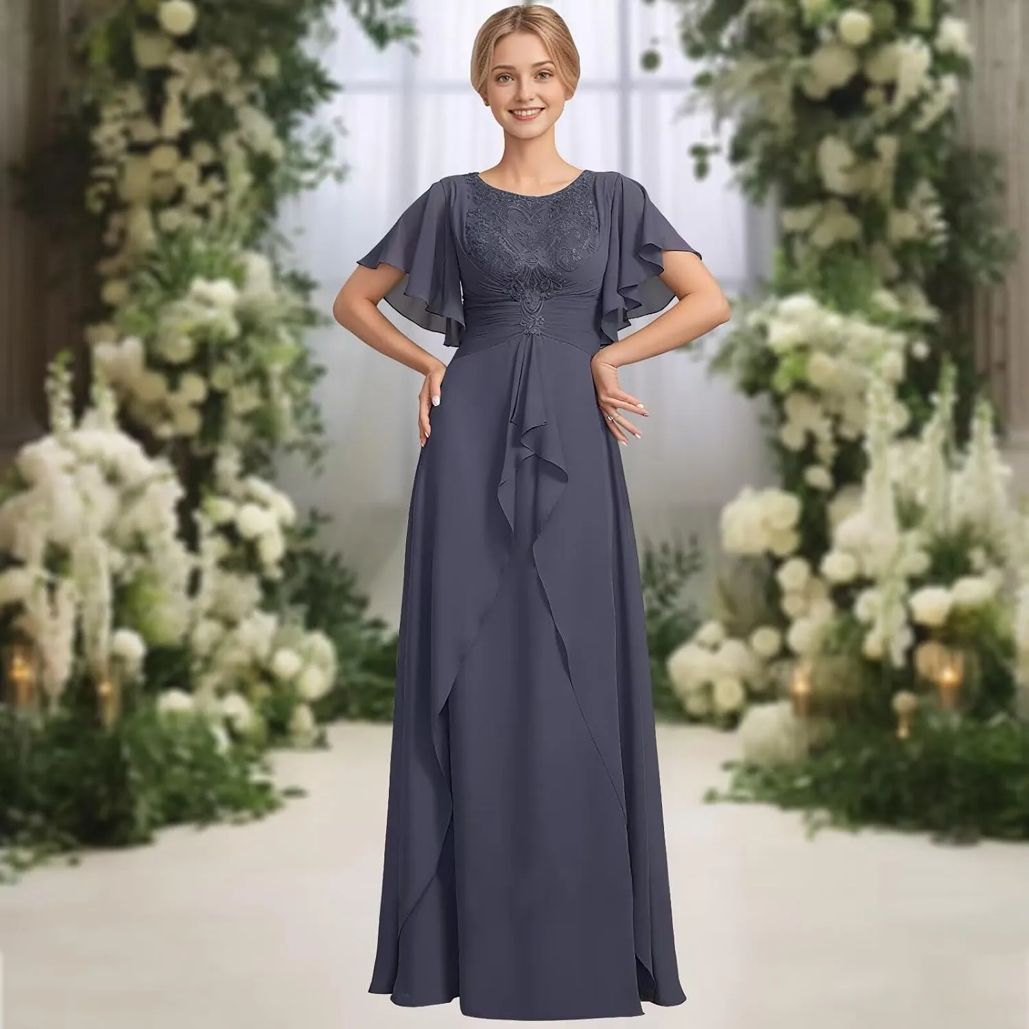 Lace Chiffon Mother of The Bride Dress with Pleated Short Sleeve Formal Wedding Guest Dresses A Line