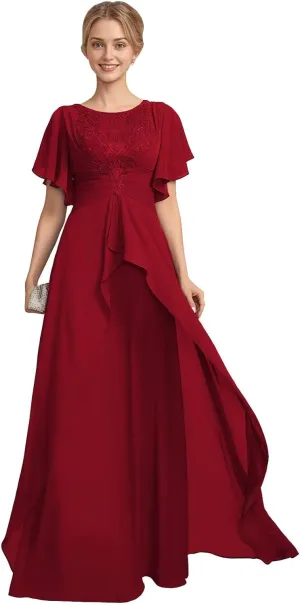 Lace Chiffon Mother of The Bride Dress with Pleated Short Sleeve Formal Wedding Guest Dresses A Line