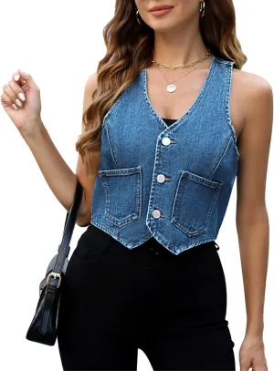 Ladyful Womens Crop Denim Vest Top Sleevelesss V Neck Jean Waistcoat Vest