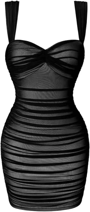 LAGSHIAN Women's Summer Sexy Bodycon Sleeveless Tank Straps Mesh Ruched Mini Party Dress