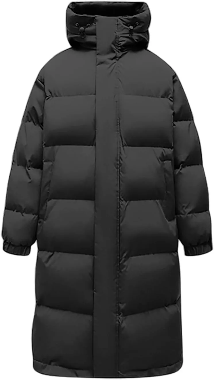 lcziwo Mens Long Hooded Puffer Jacket Long Sleeve Zip up Oversized Parka Thicken Padded Cotton Jacket Warm Quilted Coat