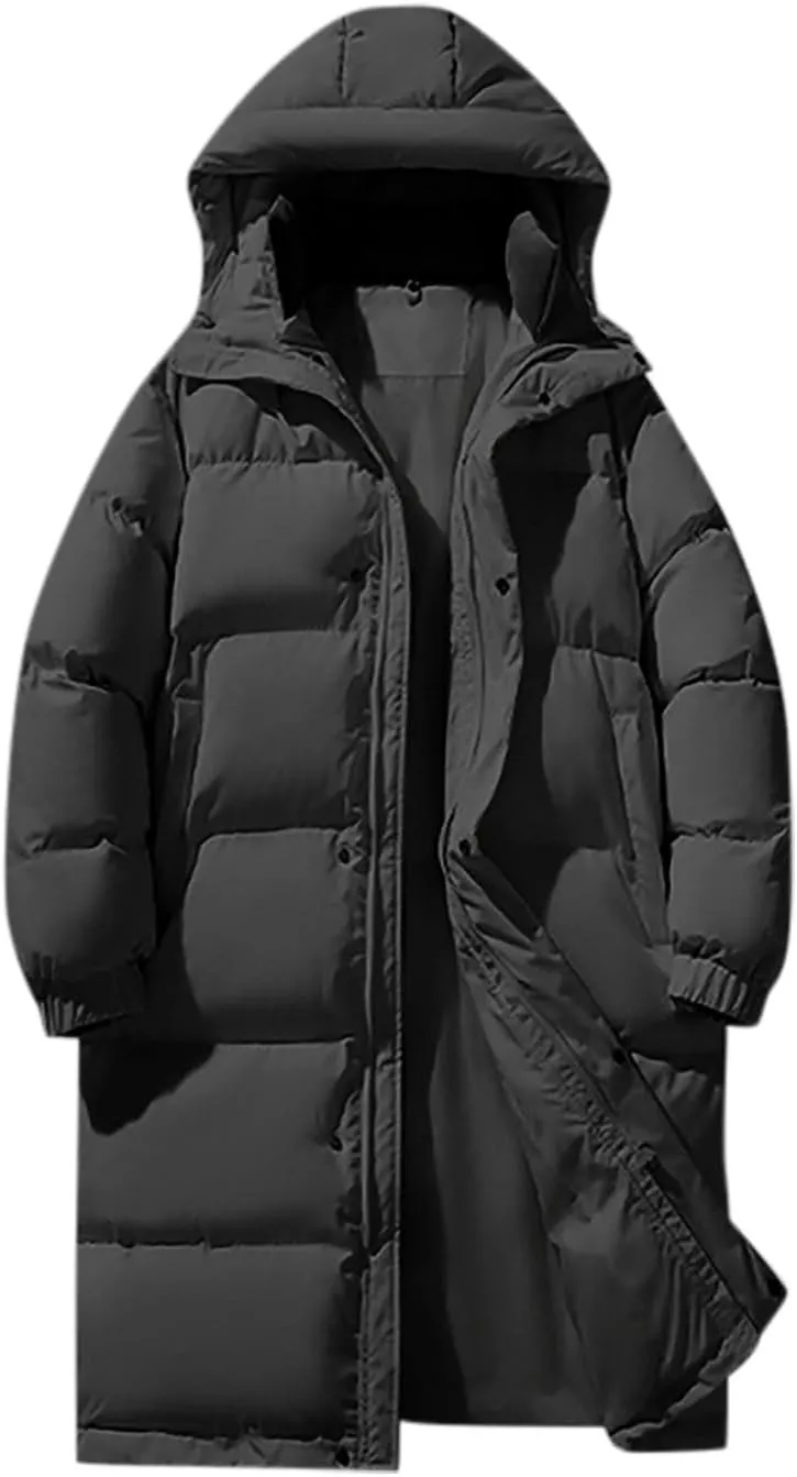 lcziwo Mens Long Hooded Puffer Jacket Long Sleeve Zip up Oversized Parka Thicken Padded Cotton Jacket Warm Quilted Coat