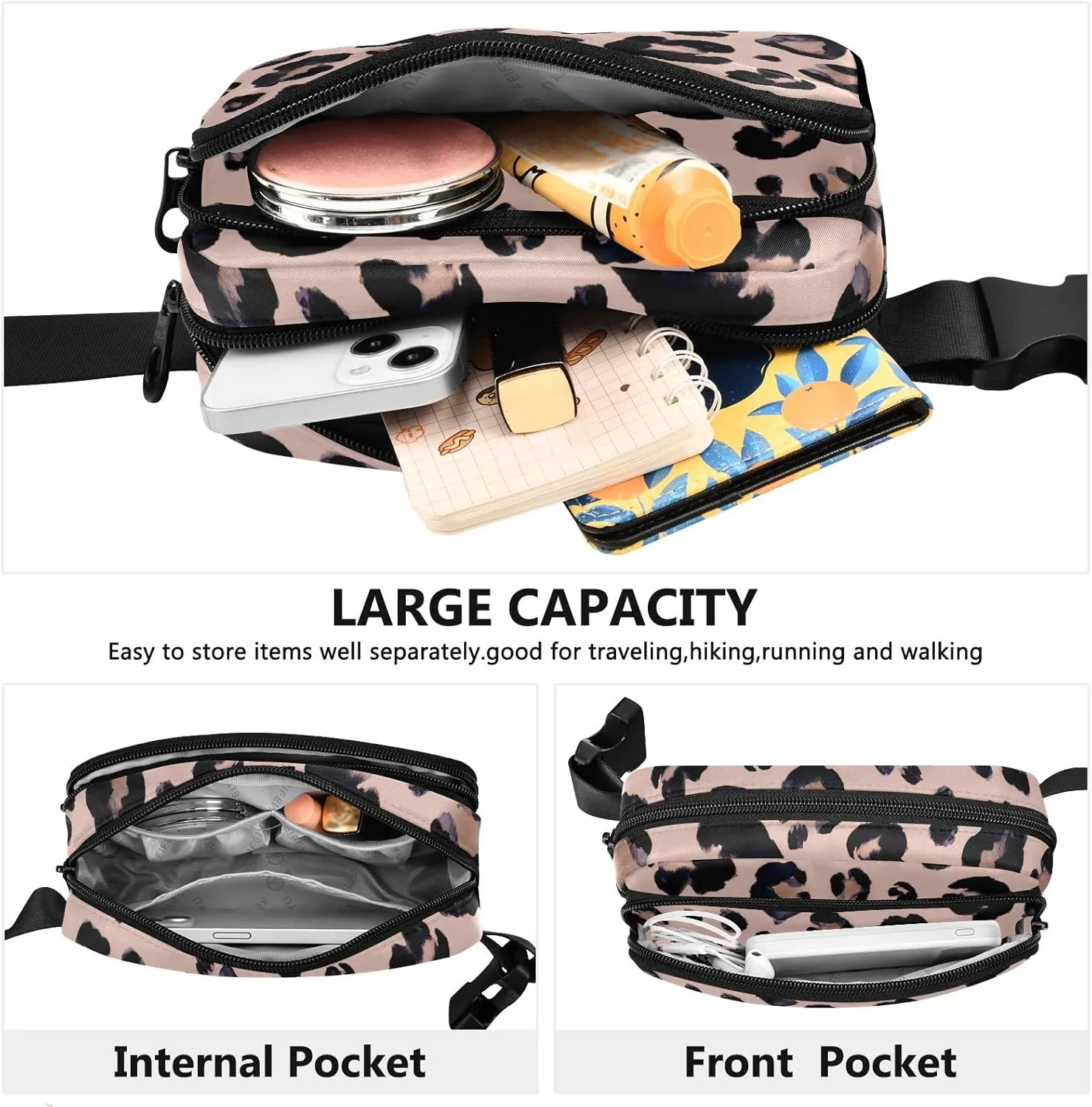 Leopard Fanny Pack for Women Men Belt Bag Crossbody Waist Pouch Waterproof Everywhere Purse Fashion Sling Bag for Running Hiking Walking Travel