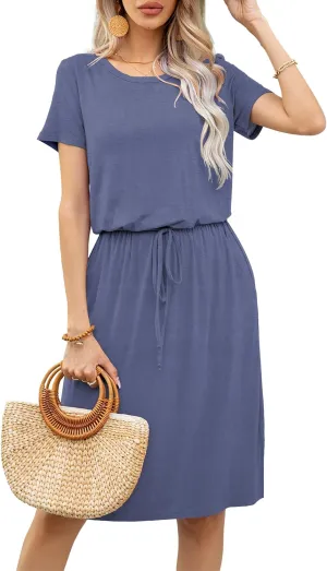 levaca Womens Summer Casual Dress Belly Drawstring Beach Coverup Short Sleeve 2025 Outfit Midi Sundress with Pockets