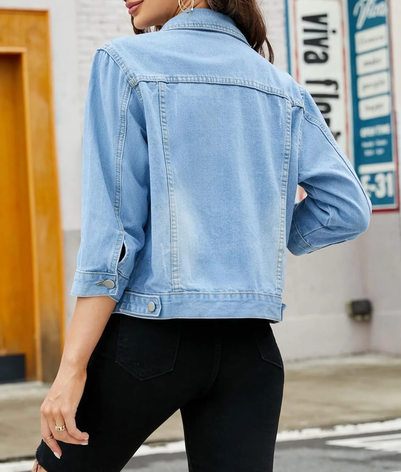 LifeShe Women's 3/4 Sleeve Short Denim Jacket Light Cropped Jean Jackets Coats