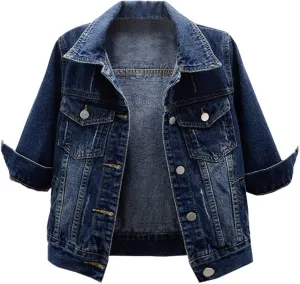 LifeShe Women's 3/4 Sleeve Short Denim Jacket Light Cropped Jean Jackets Coats