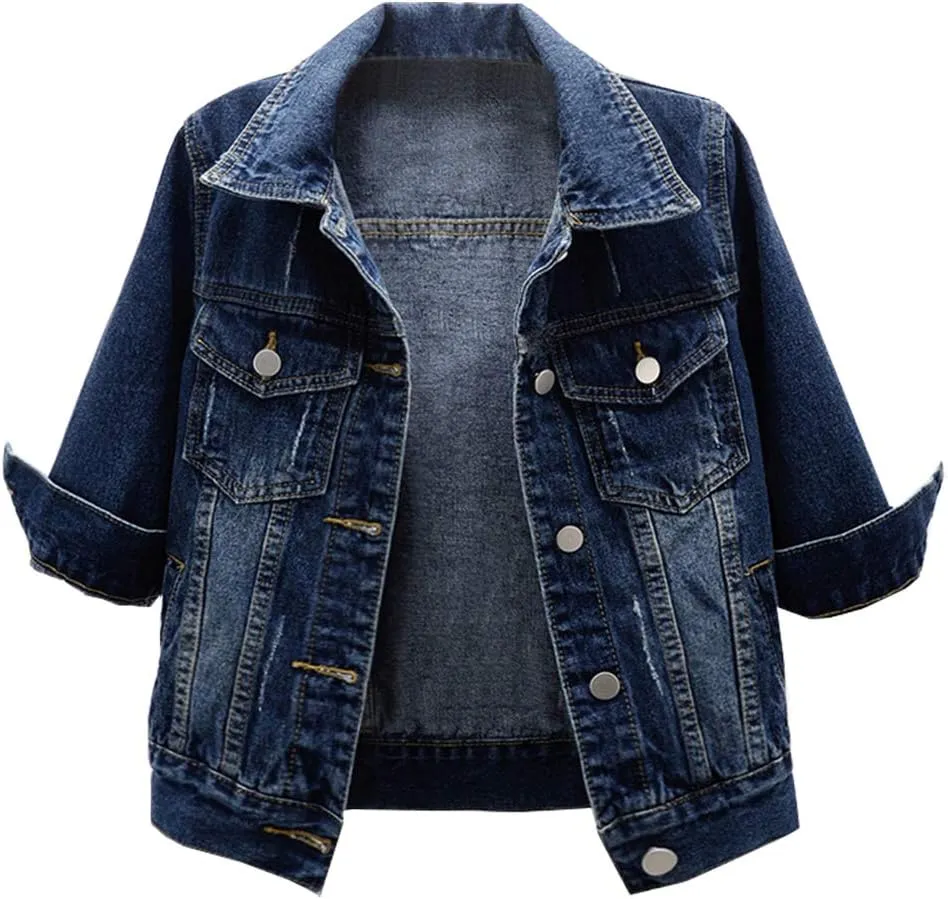 LifeShe Women's 3/4 Sleeve Short Denim Jacket Light Cropped Jean Jackets Coats