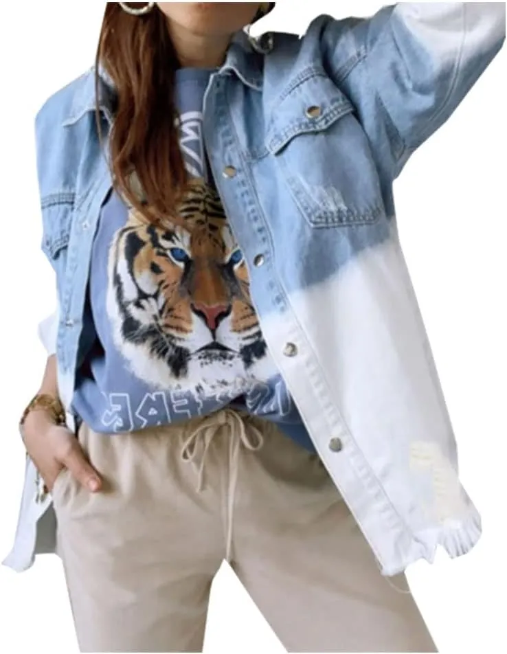 LifeShe Womens ripped distressed denim jacket shacket boyfriend fringe jean jackets coat oversized