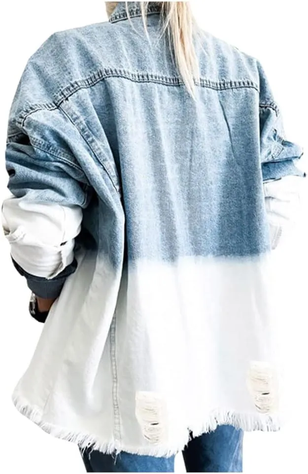 LifeShe Womens ripped distressed denim jacket shacket boyfriend fringe jean jackets coat oversized