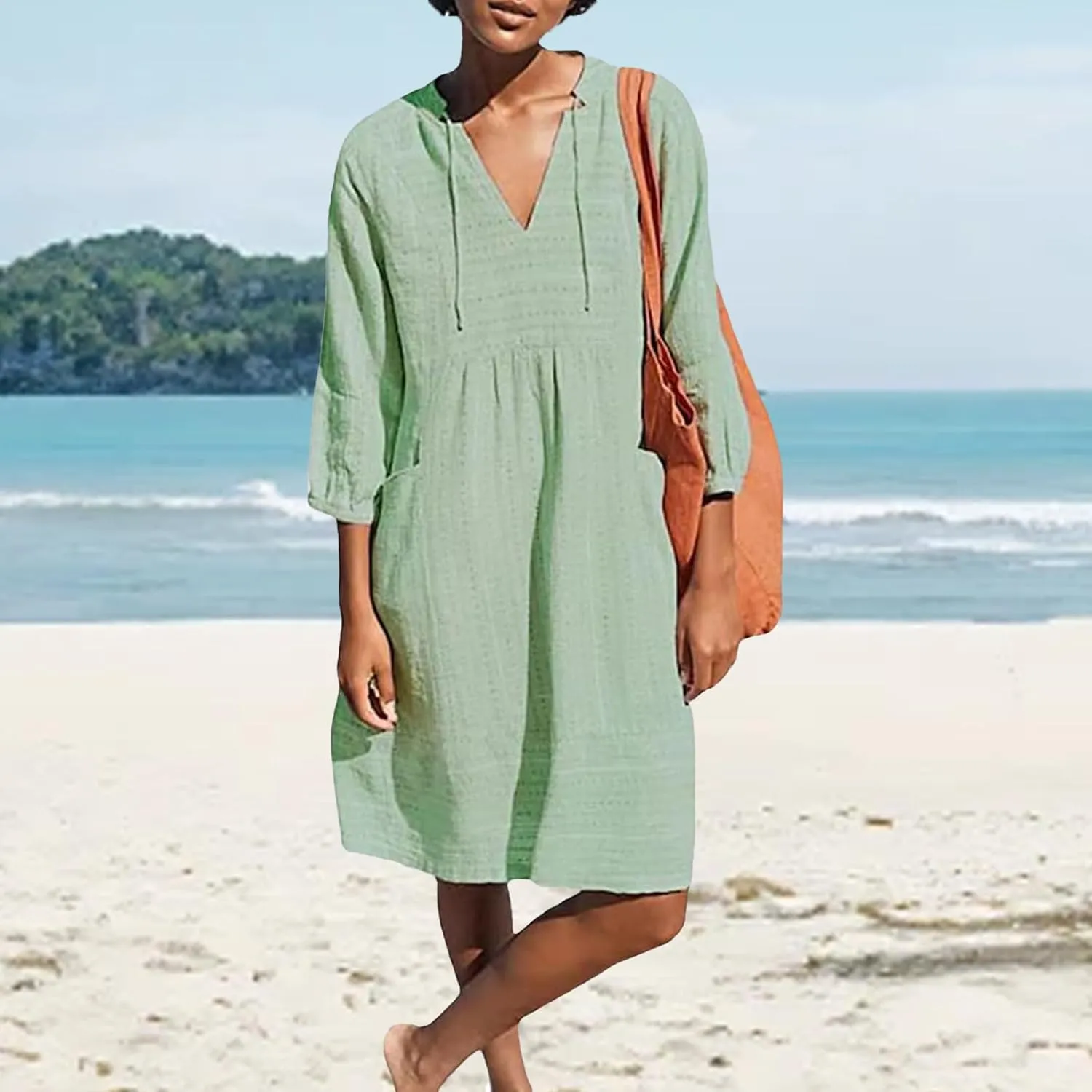 Linen Dresses for Women Casual 3/4 Sleeve V Neck Mini Dresses Loose Knee-Length A-line Dress Beach Dress with Pocket