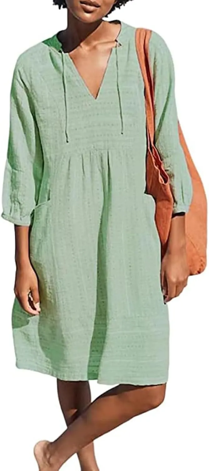 Linen Dresses for Women Casual 3/4 Sleeve V Neck Mini Dresses Loose Knee-Length A-line Dress Beach Dress with Pocket