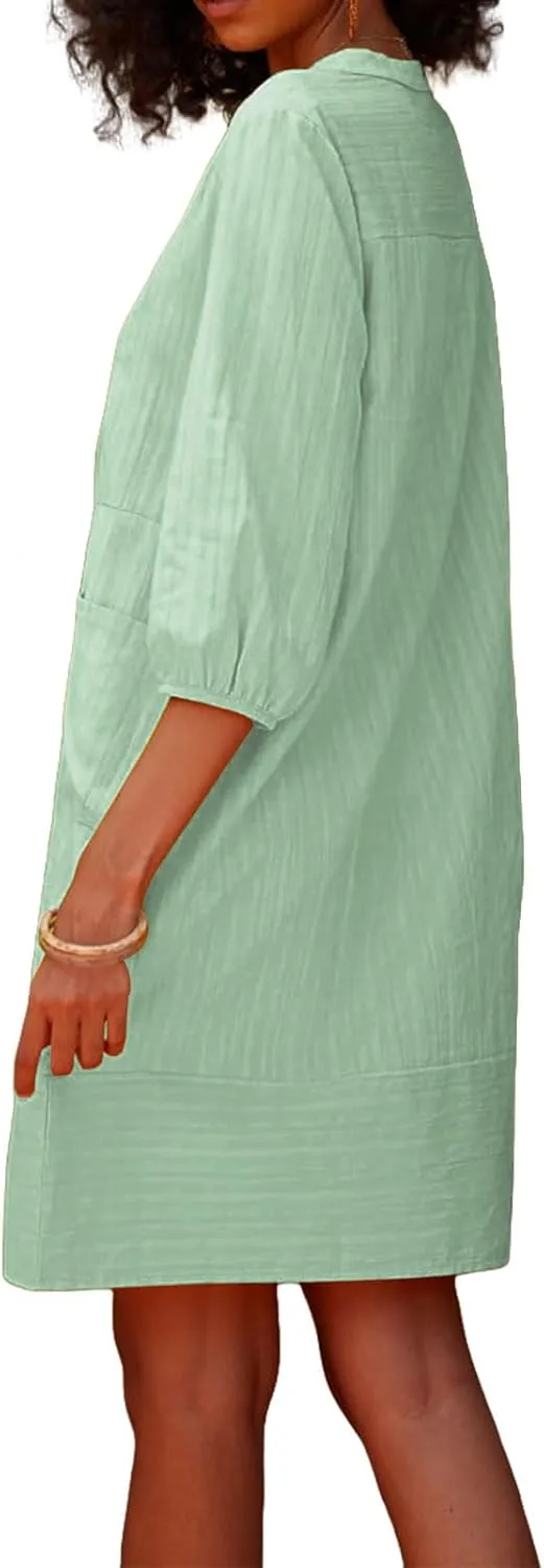 Linen Dresses for Women Casual 3/4 Sleeve V Neck Mini Dresses Loose Knee-Length A-line Dress Beach Dress with Pocket