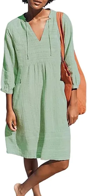 Linen Dresses for Women Casual 3/4 Sleeve V Neck Mini Dresses Loose Knee-Length A-line Dress Beach Dress with Pocket