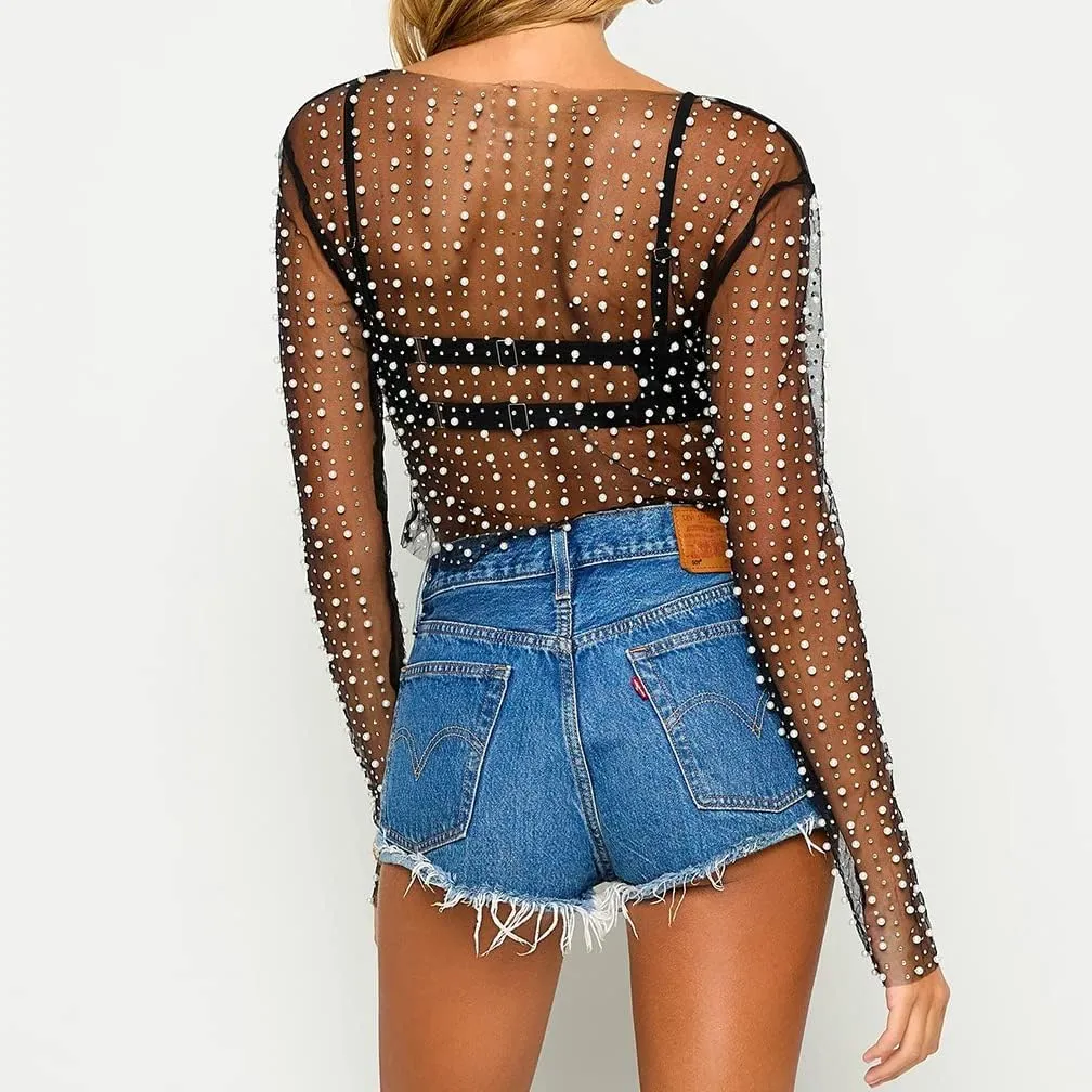 LOFAAC Women Sexy See Through Pearl Rhinestone Beaded Crop Top Y2K Long Sleeve Sheer Mesh Crop Blouse Shirt Clubwear 90s