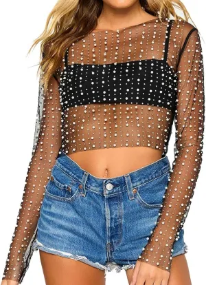 LOFAAC Women Sexy See Through Pearl Rhinestone Beaded Crop Top Y2K Long Sleeve Sheer Mesh Crop Blouse Shirt Clubwear 90s